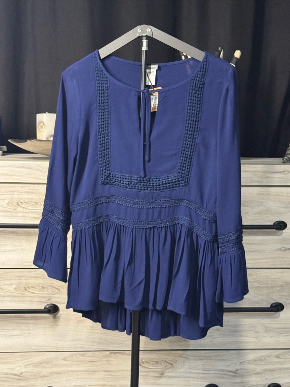 EARTHBOUND Navy Blue Peasant Tunic with Crochet Trim